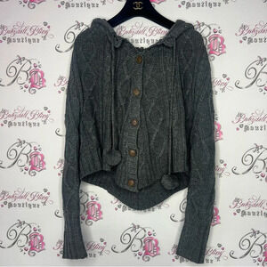 Only Pom Pom sweater knitted grey with fluff balls tie ups button up adorable
